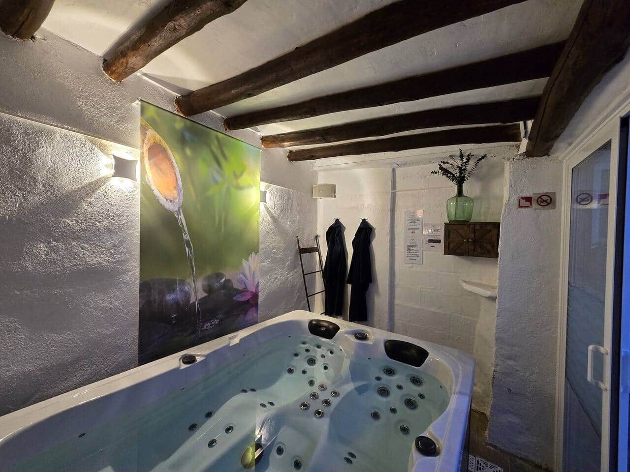 Casa de banho com uma banheira grande, zona de duche e aquecedor fixado na parede. Toalhas penduradas em ganchos e uma pequena prateleira com uma planta.