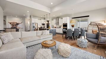House, Multiple Beds, Patio, Mountain View (3062 Lake Verna Drive*) | Living area | 50-inch flat-screen TV with cable channels, TV, fireplace