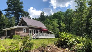 Une cabane dotée d’un porche, entourée d’une forêt dense.