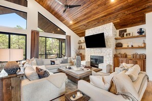 テレビ、暖炉、書庫