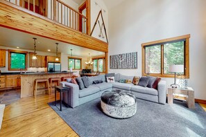 TV, fireplace, books