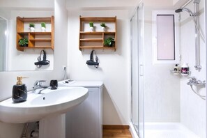 Hair dryer, towels, soap, shampoo