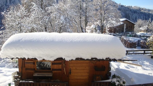 A wooden cabin with a snow-covered roof, surrounded by snow-covered trees and a mountain in the background. - LES GENTIANES - REGUET (NOTRE DAME DE BELLECOMBE)