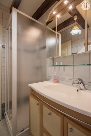 Shower, hair dryer, towels