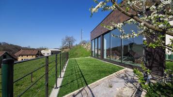 A modern building with large glass windows, a grassy lawn, and a metal fence.