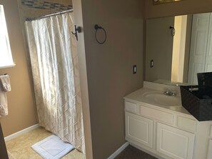 Hair dryer, towels, soap, shampoo