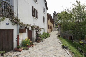Une ruelle pavée étroite, bordée de bâtiments traditionnels, dont certains sont ornés de jardinières et de plantes.