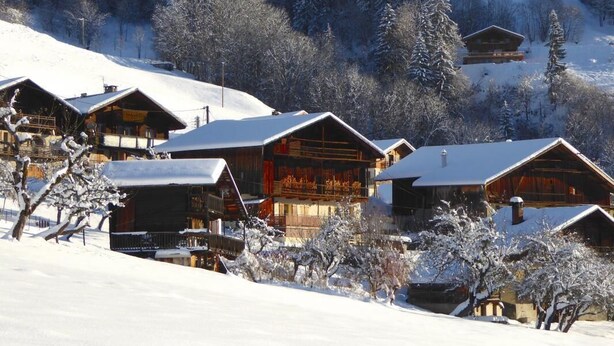 A cluster of wooden cabins with snow-covered roofs, set against a backdrop of snow-laden trees and a mountain.