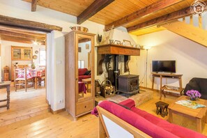 Télévision, cheminée, lecteur de DVD