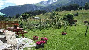A patio with a table and chairs, surrounded by potted plants and a view of mountains. - L'ORCHIS VANILLÉ - VAL-CENIS (VAL-CENIS)