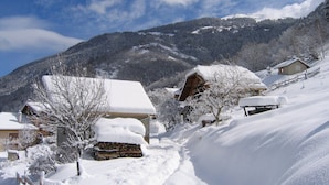 A snow-covered village with rustic wooden houses and a mountain in the background.