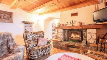 Télévision, cheminée, lecteur de DVD