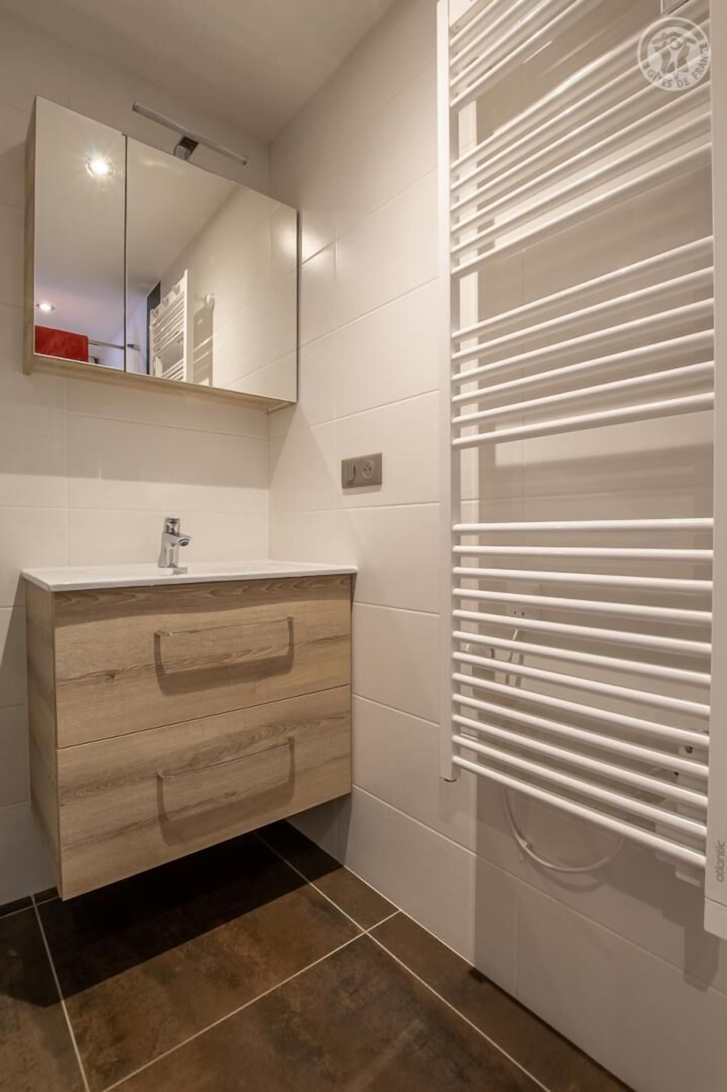 Een badkamer met een witte wastafel, een spiegel, een handdoekhouder en een douche.