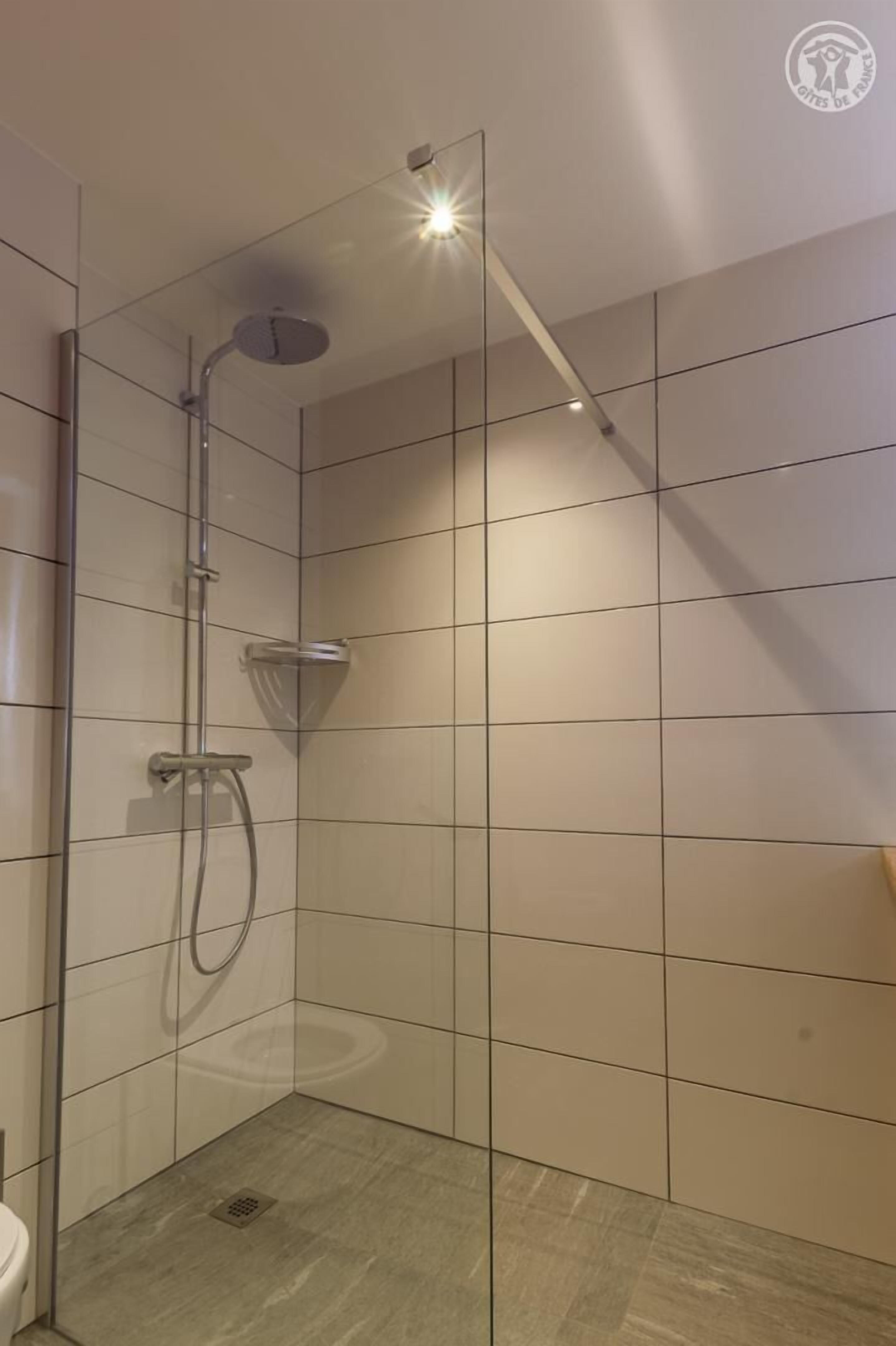 Une salle de bain moderne dotée d’une douche à parois de verre, de murs carrelés et d’un drain apparent.