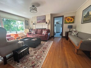 Smart TV, fireplace, books, music library