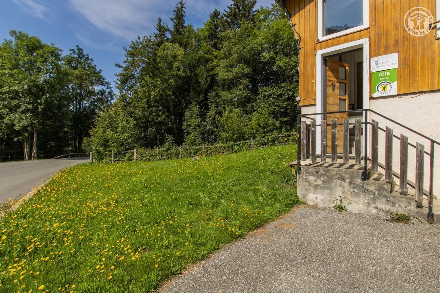 Eine Holzhütte mit einer Holztreppe, die zu einer Tür führt, umgeben von einer grünen Wiese mit gelben Blumen und Bäumen.
