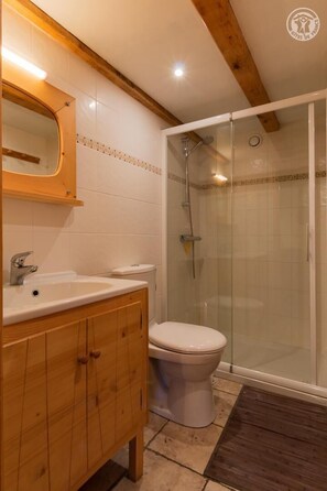 Bathroom features a vanity, sink, shower, and toilet.