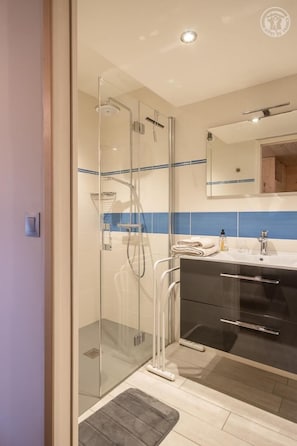 Shower, hair dryer, towels