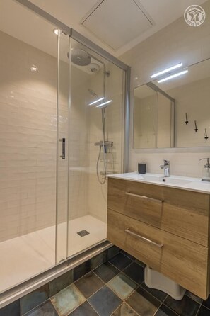 Shower, hair dryer, towels