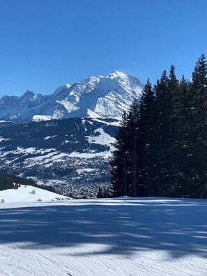 A snow-covered mountain landscape with a clear sky.
