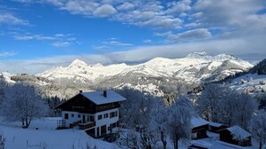 Un chalet de dos pisos con tejado nevado, rodeado por un bosque y montañas al fondo.