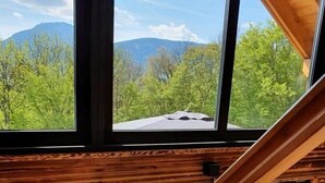 En trætrap fører op til en balkon med udsigt over skov og bjerge.