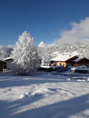 A snow-covered mountain village with wooden houses and a snow-laden tree in the foreground.