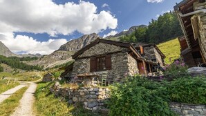 Uma casa de pedra com telhado de madeira, rodeada por um muro de pedra e vegetação exuberante.