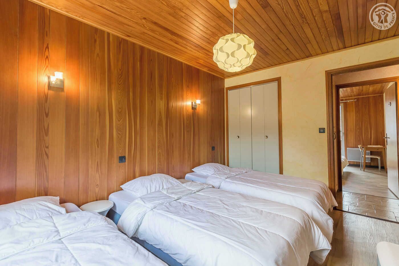 Habitación de hotel con paredes de paneles de madera, una cama grande con ropa de cama blanca, una lámpara colgante y un armario con puertas correderas.
