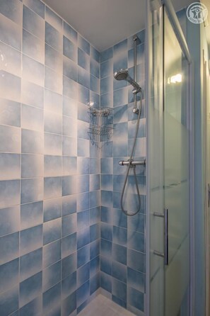 A shower with blue-tiled walls and a glass door. - BELLE VUE - VEREL PRAGONDRAN (VEREL PRAGONDRAN)
