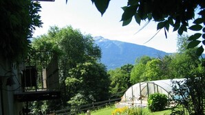 A greenhouse in a lush garden with a mountain in the background. - LA GRIVE - CLERY - Gîte (CLERY)