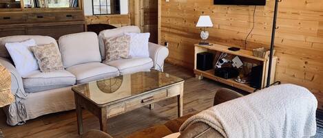 Smart TV, fireplace, DVD player, stereo