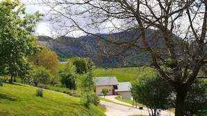 Une route de campagne menant à une petite maison avec une allée en gravier et une boîte aux lettres.