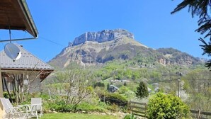A backyard with two dogs lying on the grass, a house with a satellite dish, and a mountain in the background.