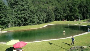 Un parque con un estanque, mesas de picnic y un parque infantil.
