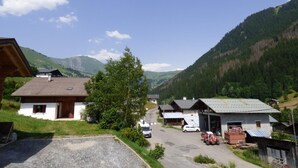 Un pueblo rural con casas, un camino de grava y montañas al fondo.