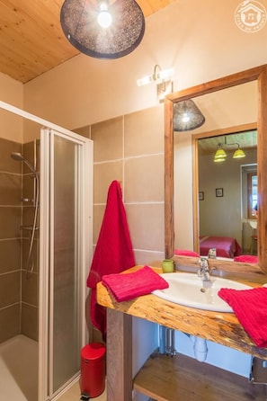 Shower, hair dryer, towels