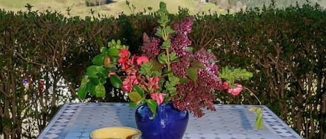 A table with a vase of flowers, a pitcher, and glasses, set against a mountain backdrop.