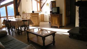 Télévision, cheminée, lecteur de DVD