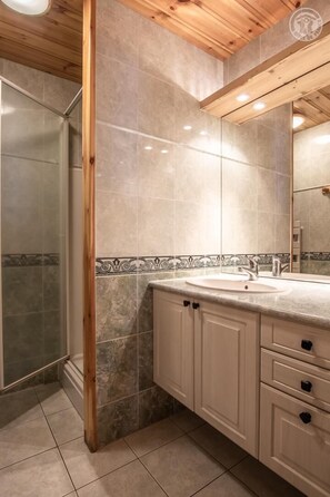 A modern bathroom with a wooden ceiling, a glass shower enclosure, a sink with a mirror, and tiled walls. - L'AIGLE - BONNEVAL SUR ARC (BONNEVAL SUR ARC)