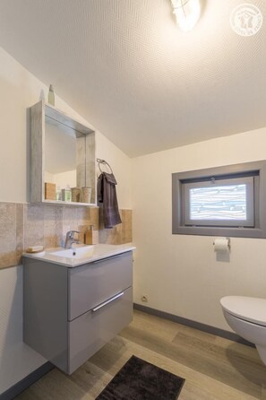 Bathroom features a vanity, sink, and toilet, with a window offering a view of the outside.