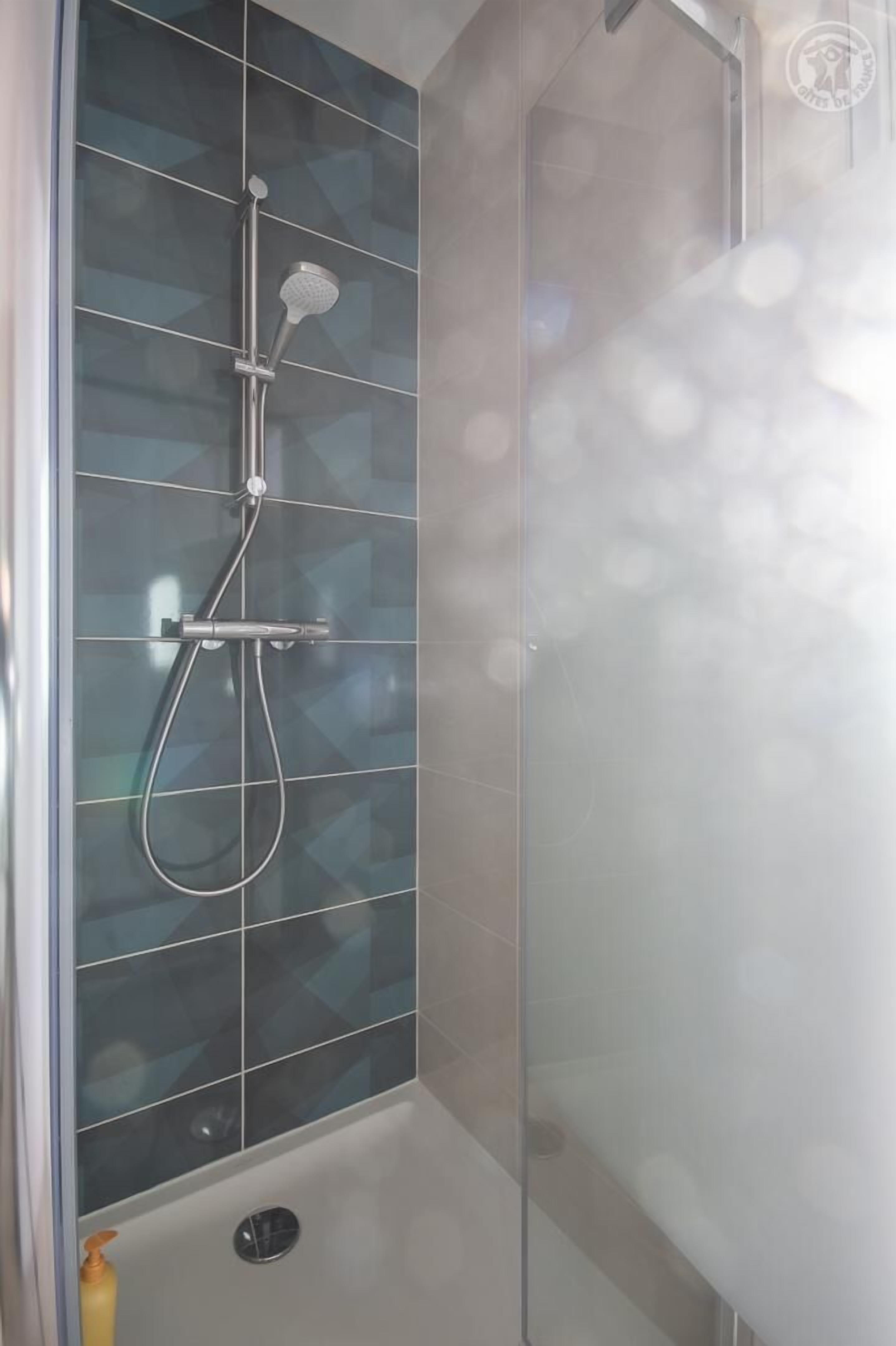 A glass-enclosed shower with a handheld showerhead and a wall-mounted faucet.