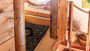 A wooden interior with a bed, a rug, and a painting on the wall.