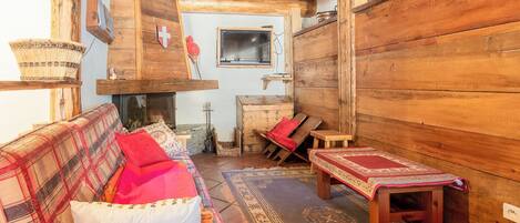 Télévision, cheminée, lecteur de DVD, chaîne hi-fi