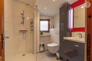 Douche, séchoir à cheveux, serviettes fournies