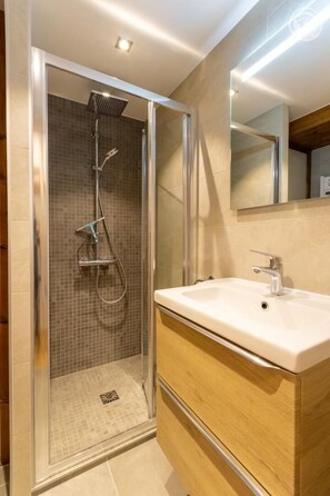 Shower, hair dryer, towels
