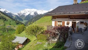 Un chalet avec une façade en bois, un balcon et une vue sur des montagnes enneigées.