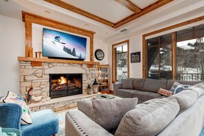 Télévision, cheminée, livres