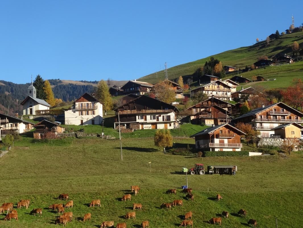A rural village with traditional wooden houses, a church, and a green field with grazing cows.