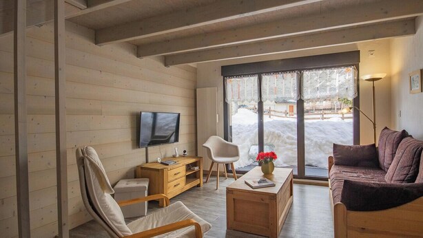 Un salon chaleureux avec des murs et des meubles en bois, un téléviseur à écran plat et une vue sur un espace extérieur enneigé.